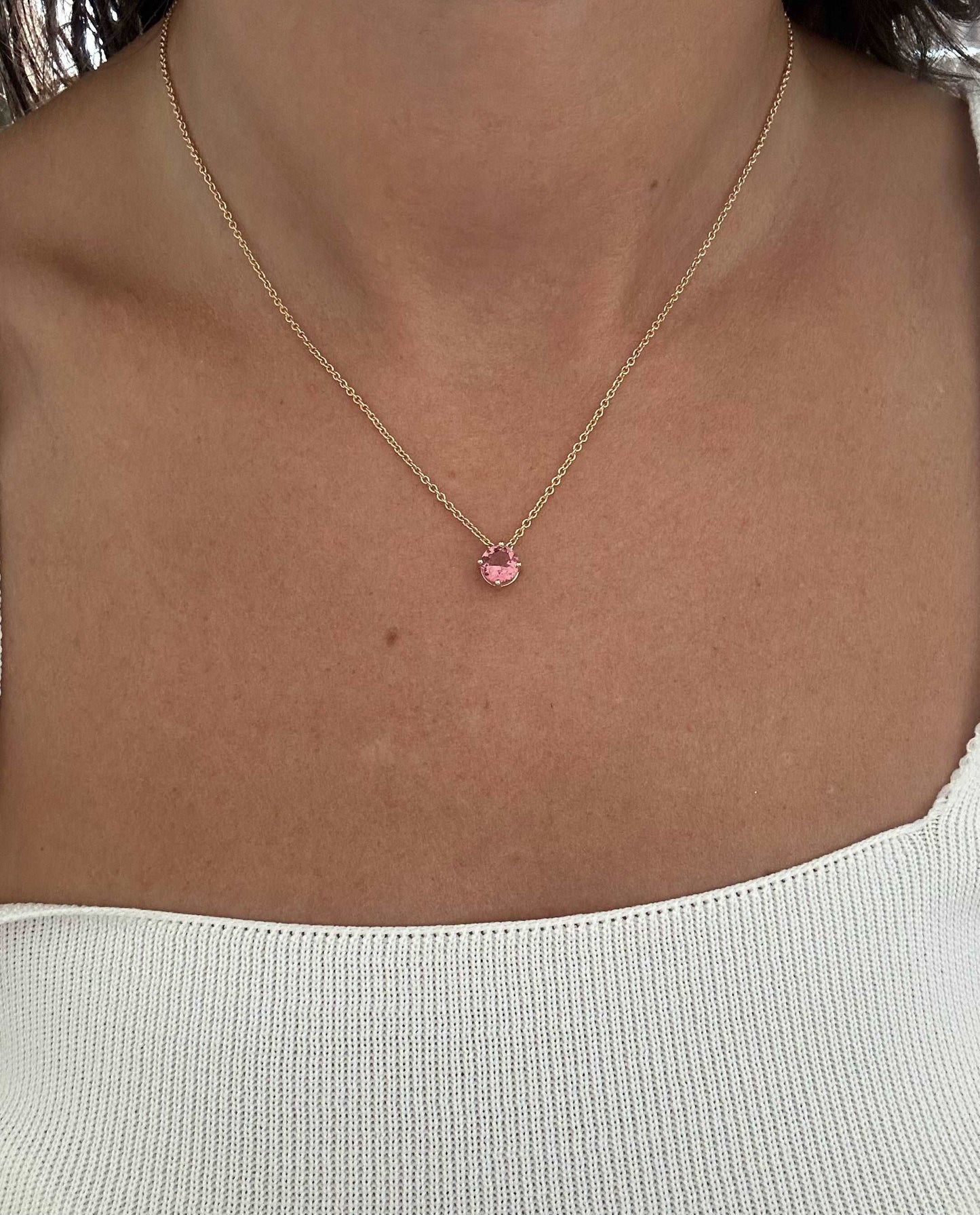 Pink tourmaline pendant necklaces handcrafted in 18 karat gold, you can opt for the standalone pendant or pendant with necklace | Ella Creations Jewelry