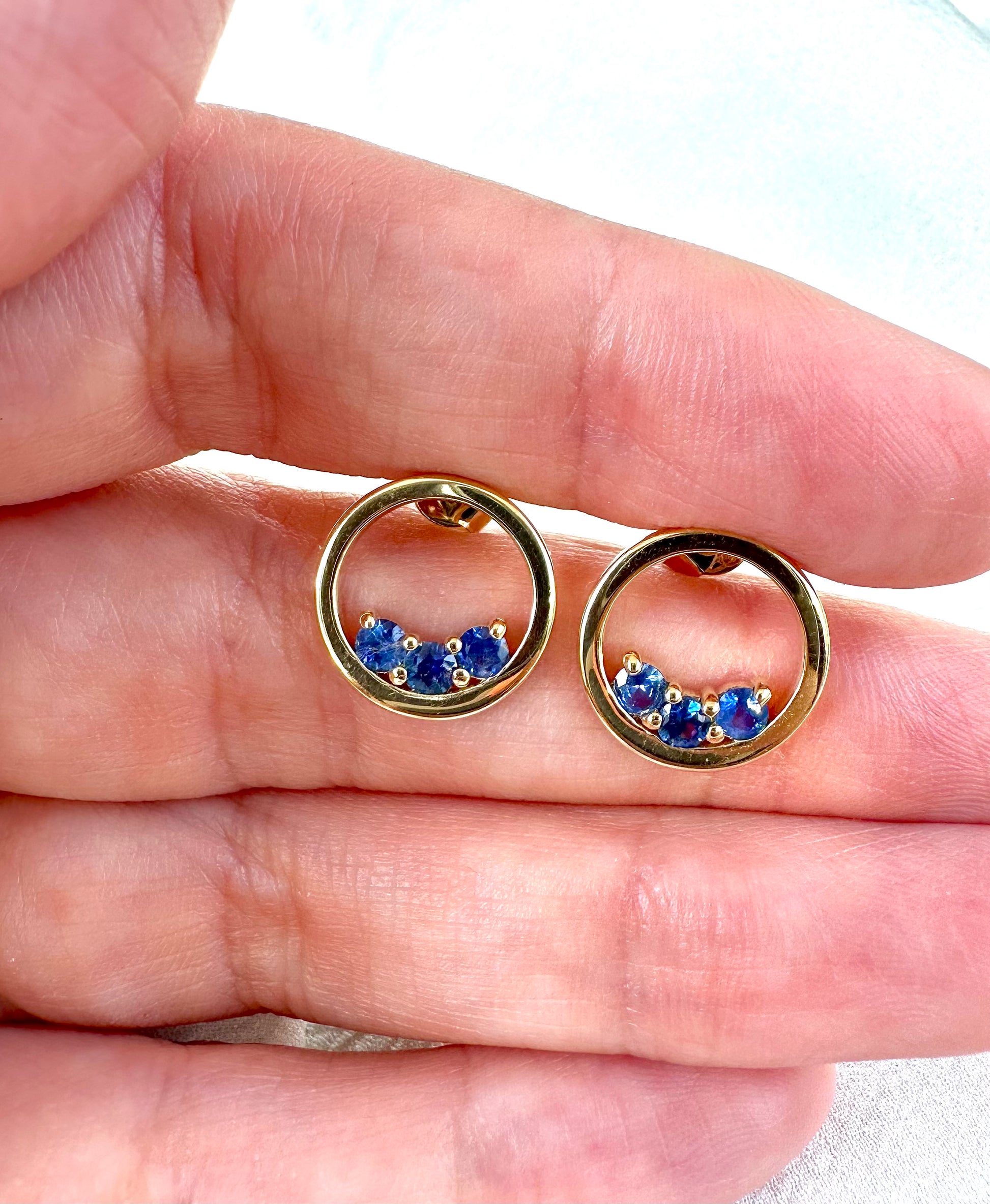 Sapphire Stud Earrings, handcrafted in 18 karat gold, round stud earrings design | Ella Creations Jewelry