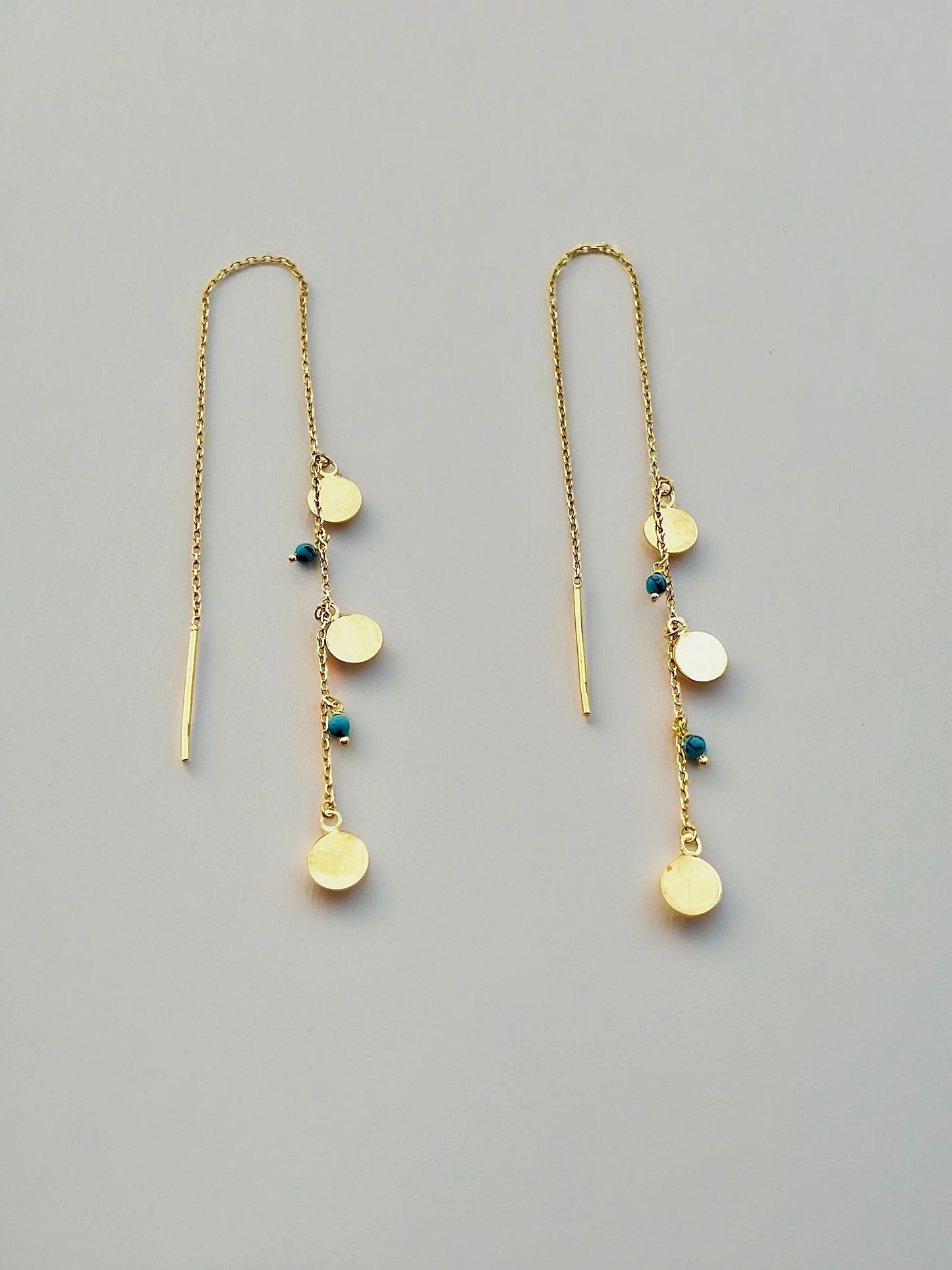 threader earrings with turquoise beads and round gold discs or tear drop | Ella Creations Jewelry