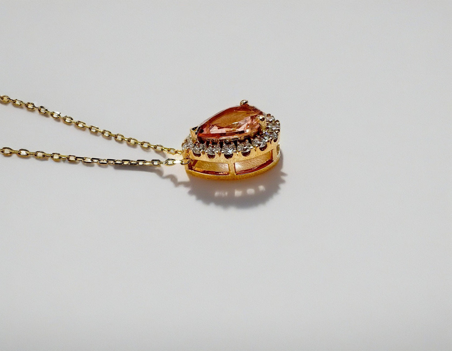 Peach tourmaline 18k rose gold necklace with halo set diamonds | Ella Creations Jewelry