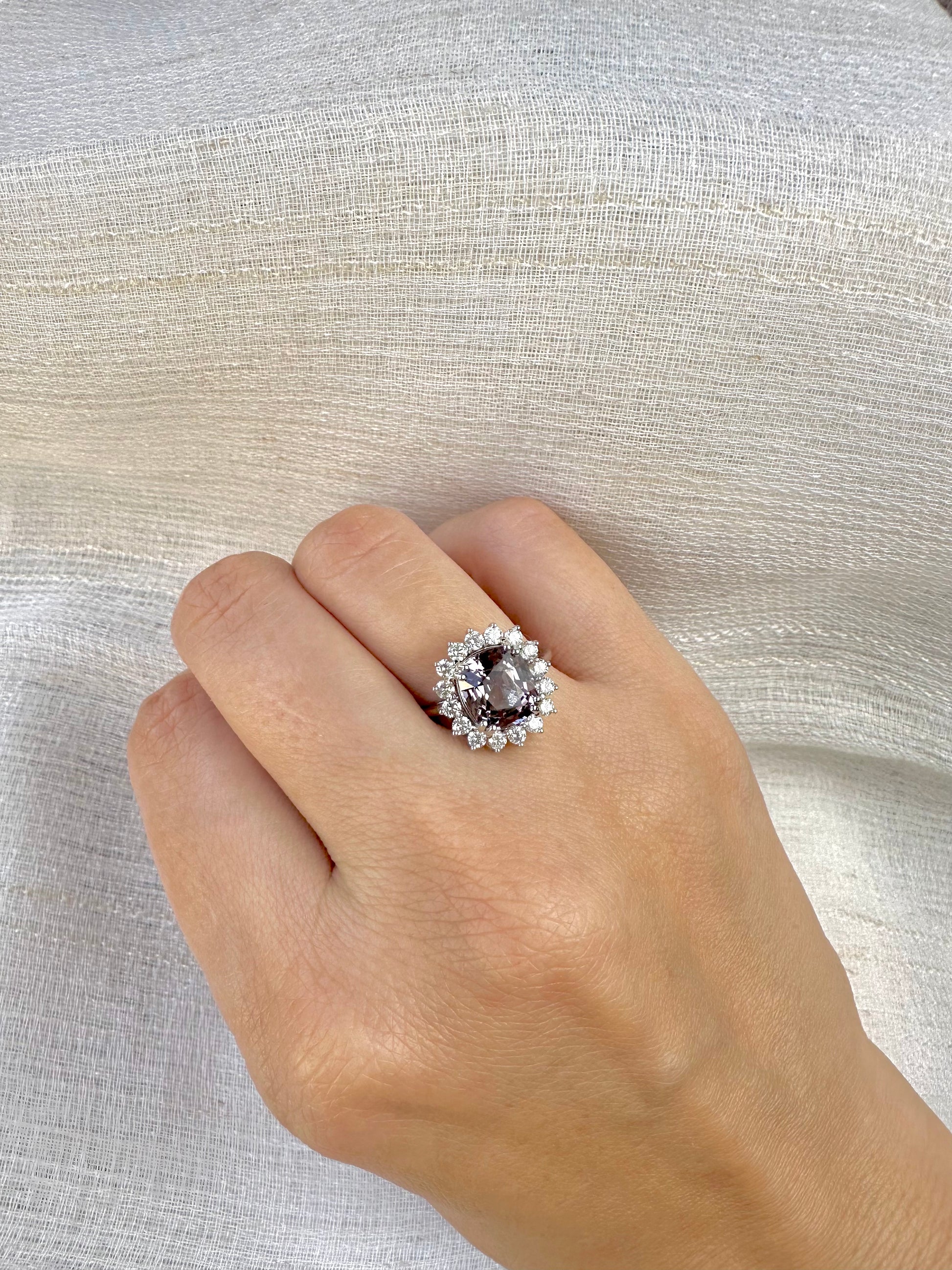 Vintage inspired Spinel Ring with diamonds halo setting handcrafted in 18 karat white gold. Spinel is August birthstone | Ella creations jewelry