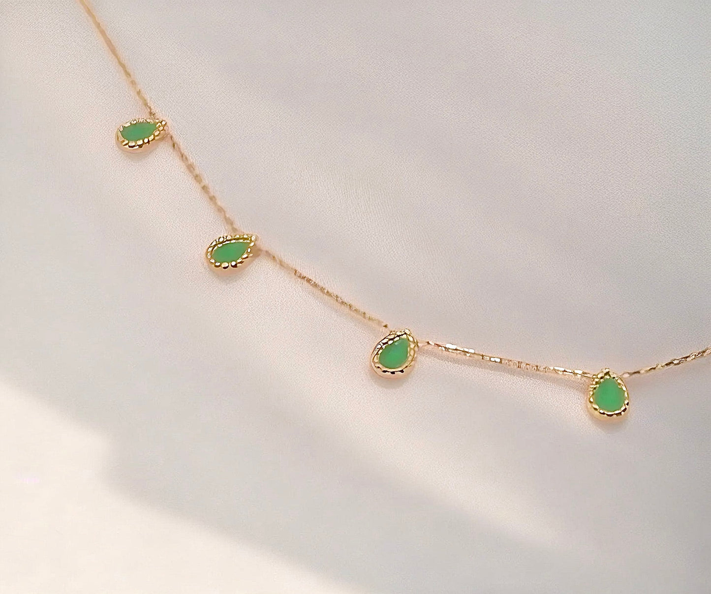 Station Necklace | Green enamel teardrop charms