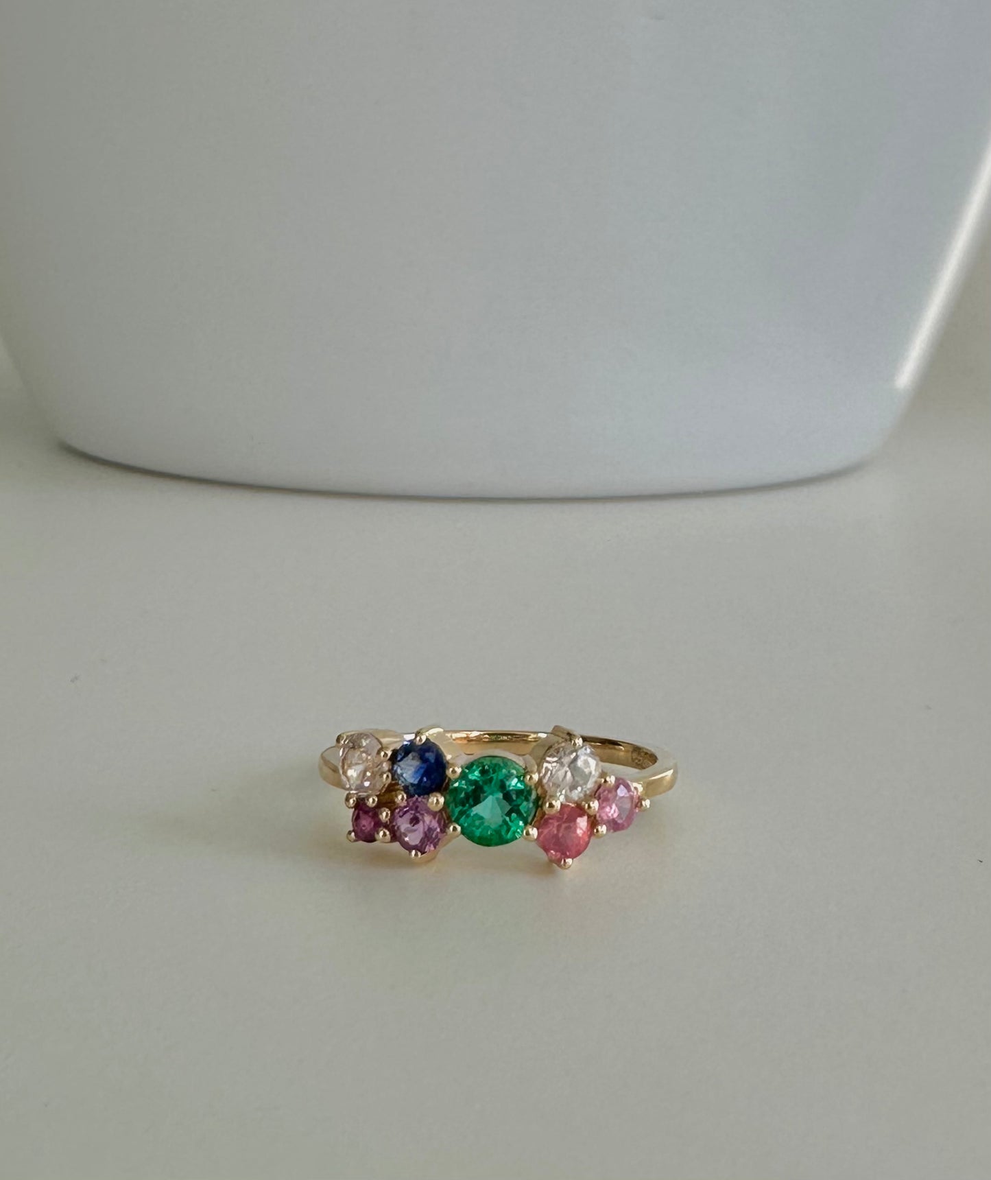 Rainbow Emerald & Sapphire cluster ring 18Kt yellow gold - Ella Creations Jewelry