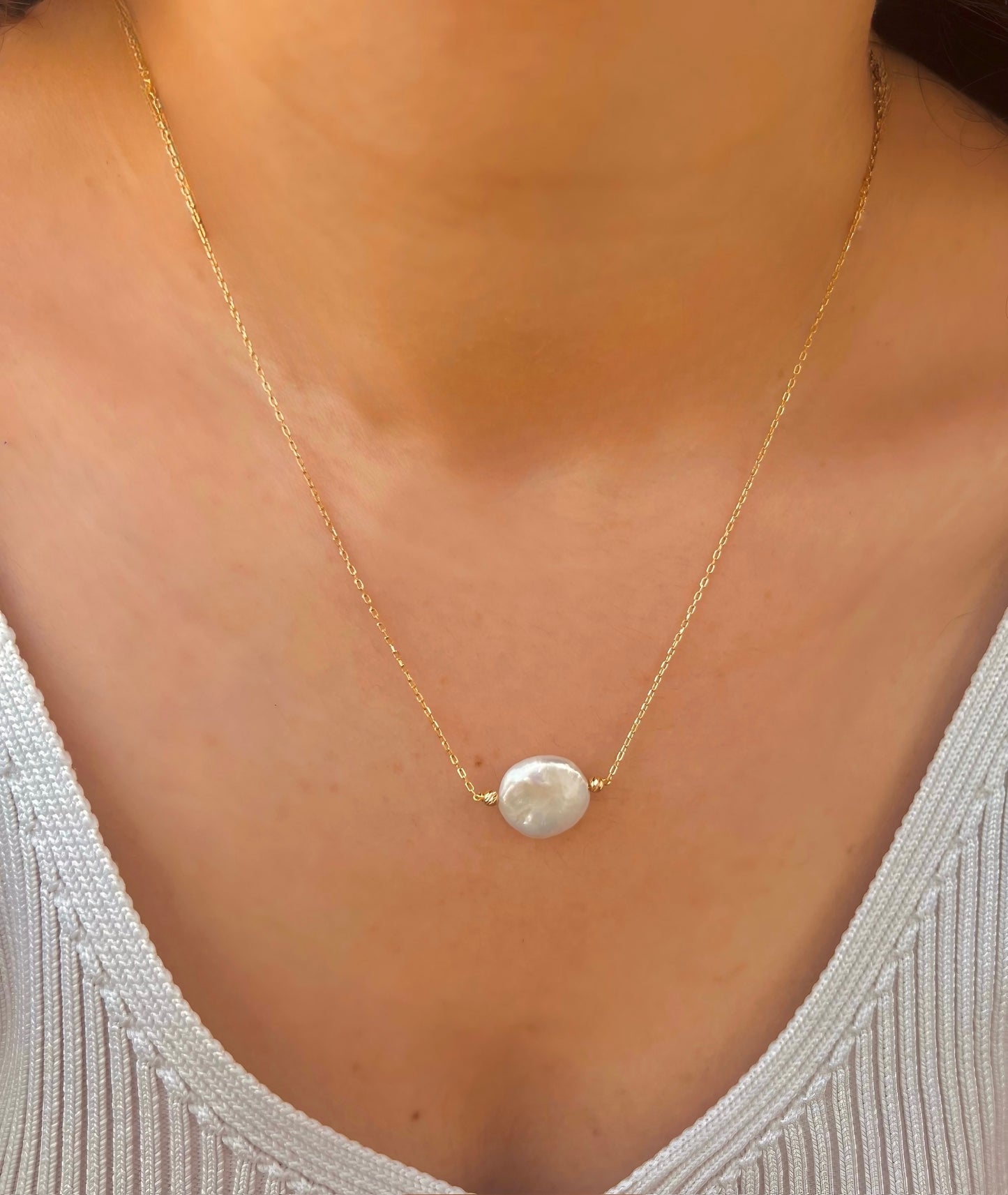 Coin edge pearl long necklace in 18k solid gold | Ella Creations Jewelry