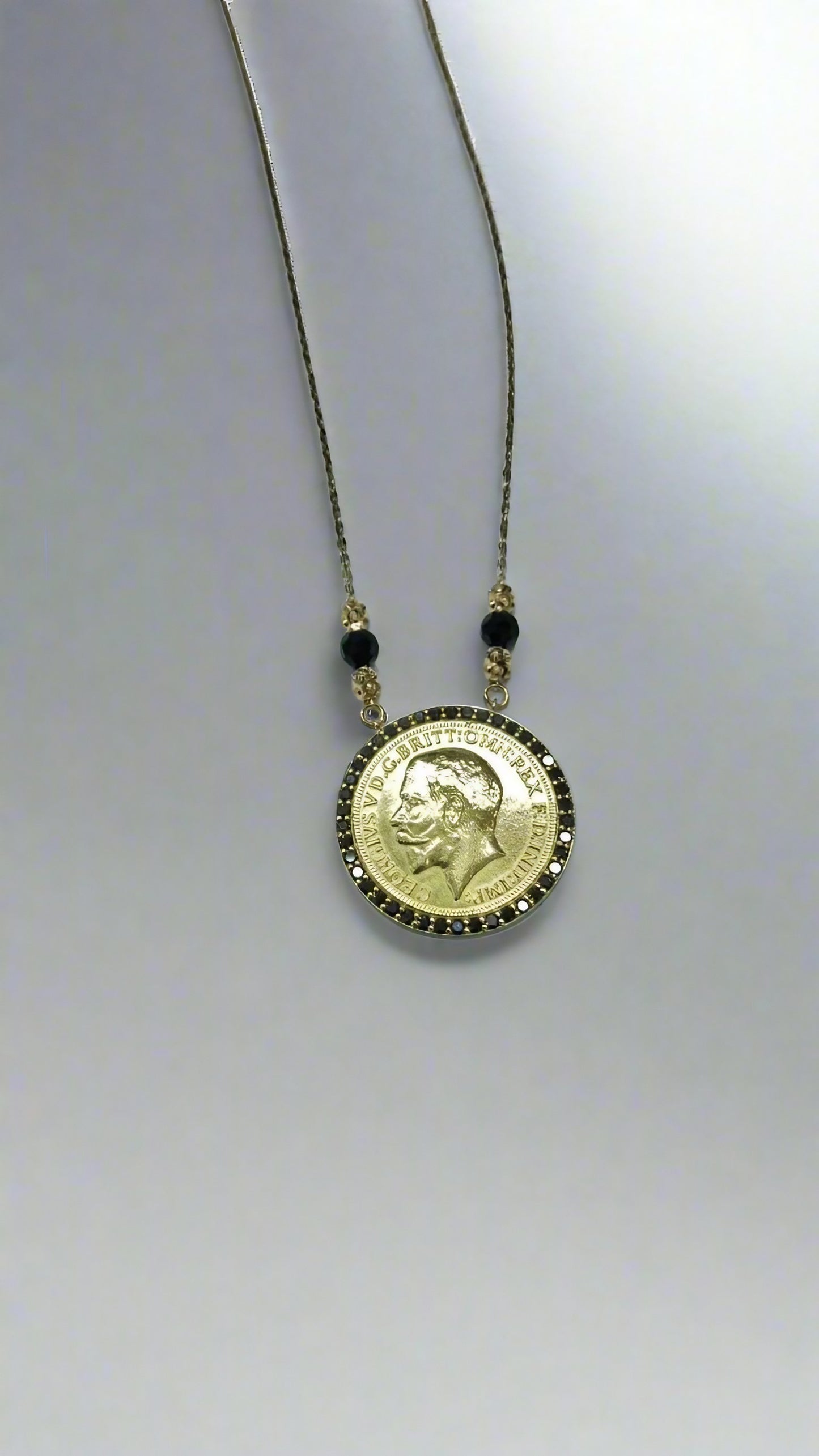 Coin Gold Necklace with black halo diamonds handcrafted in 18 karat gold | Ella Creations Jewelry