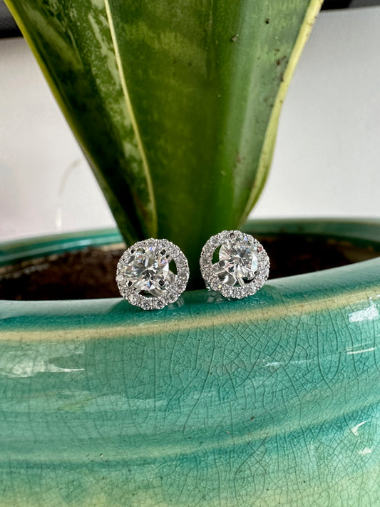 Round Moissanite halo studs solid gold Ella Creations Jewelry