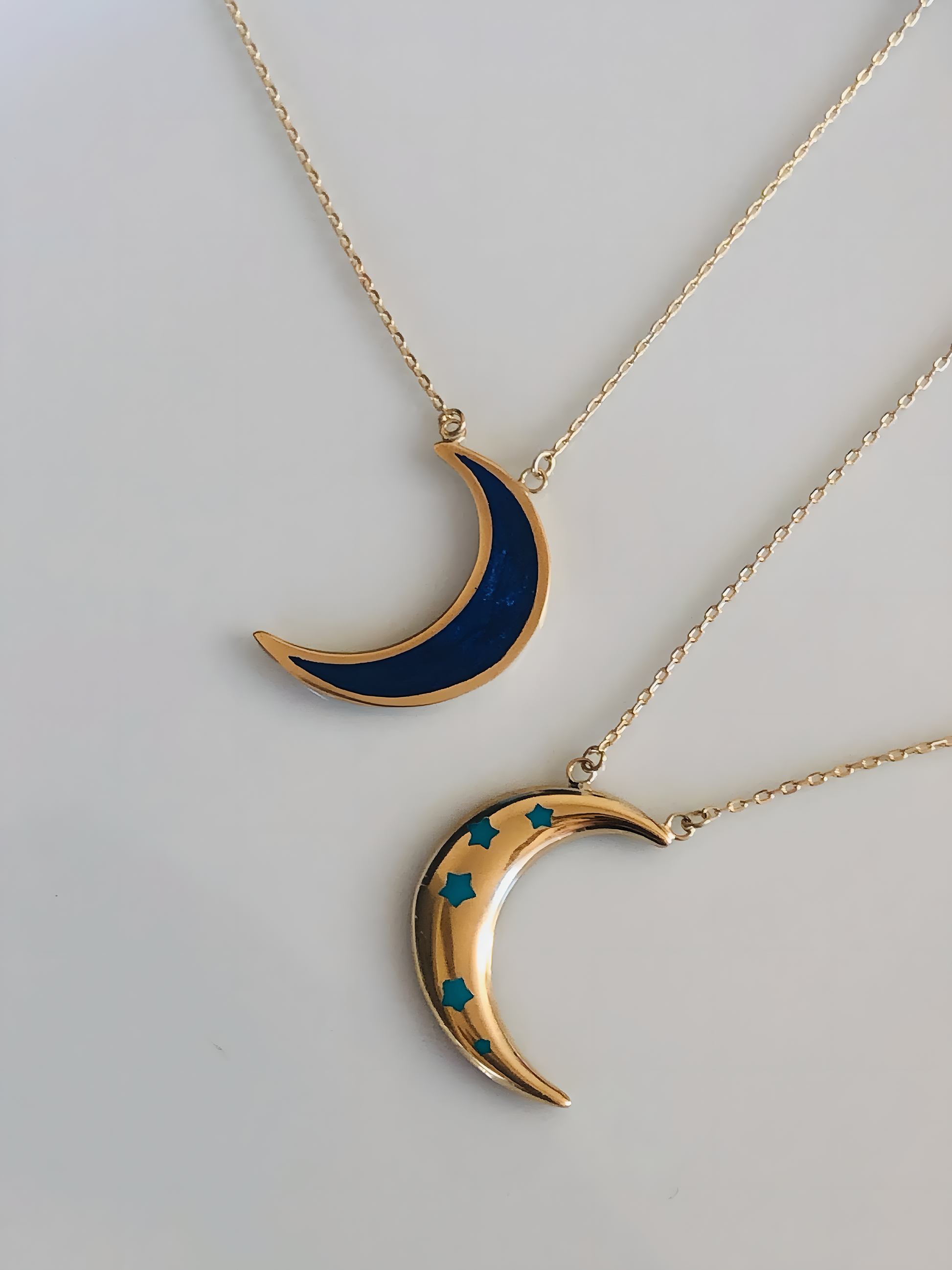 Moon and stars necklace handcrafted in 18k solid gold with enameled stars and blue crescent moon back| Ella Creations Jewelry