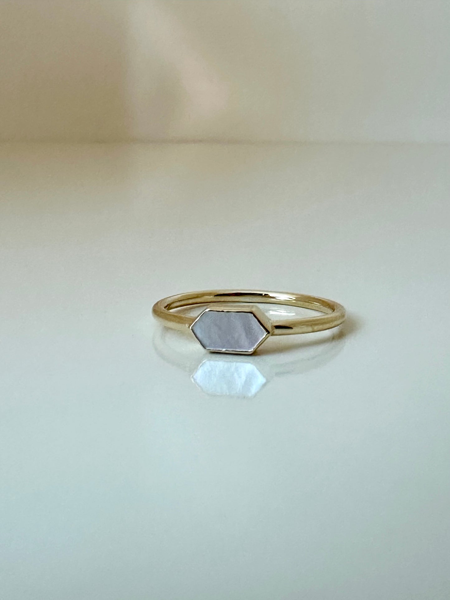 Hexagon ring with Mother of Pearl  bezel set in 18k solid gold | Ella creations Jewelry 