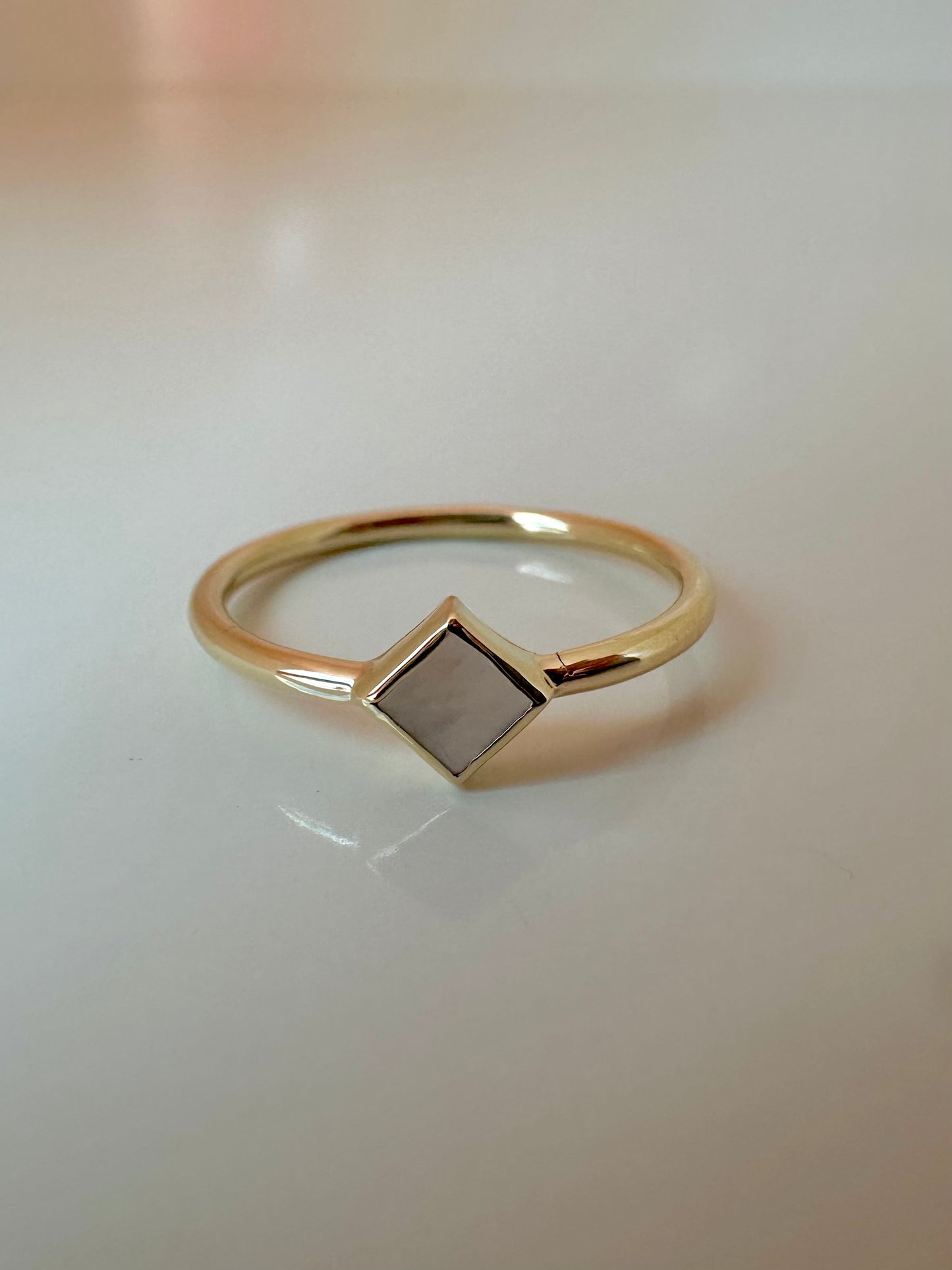 Elegant and dainty Rhombus rings,  Handcrafted in 18k solid yellow gold, each features a thin band ring with a unique Rhombus bezel setting that showcases mother of pearl | Ella Creations Jewelry