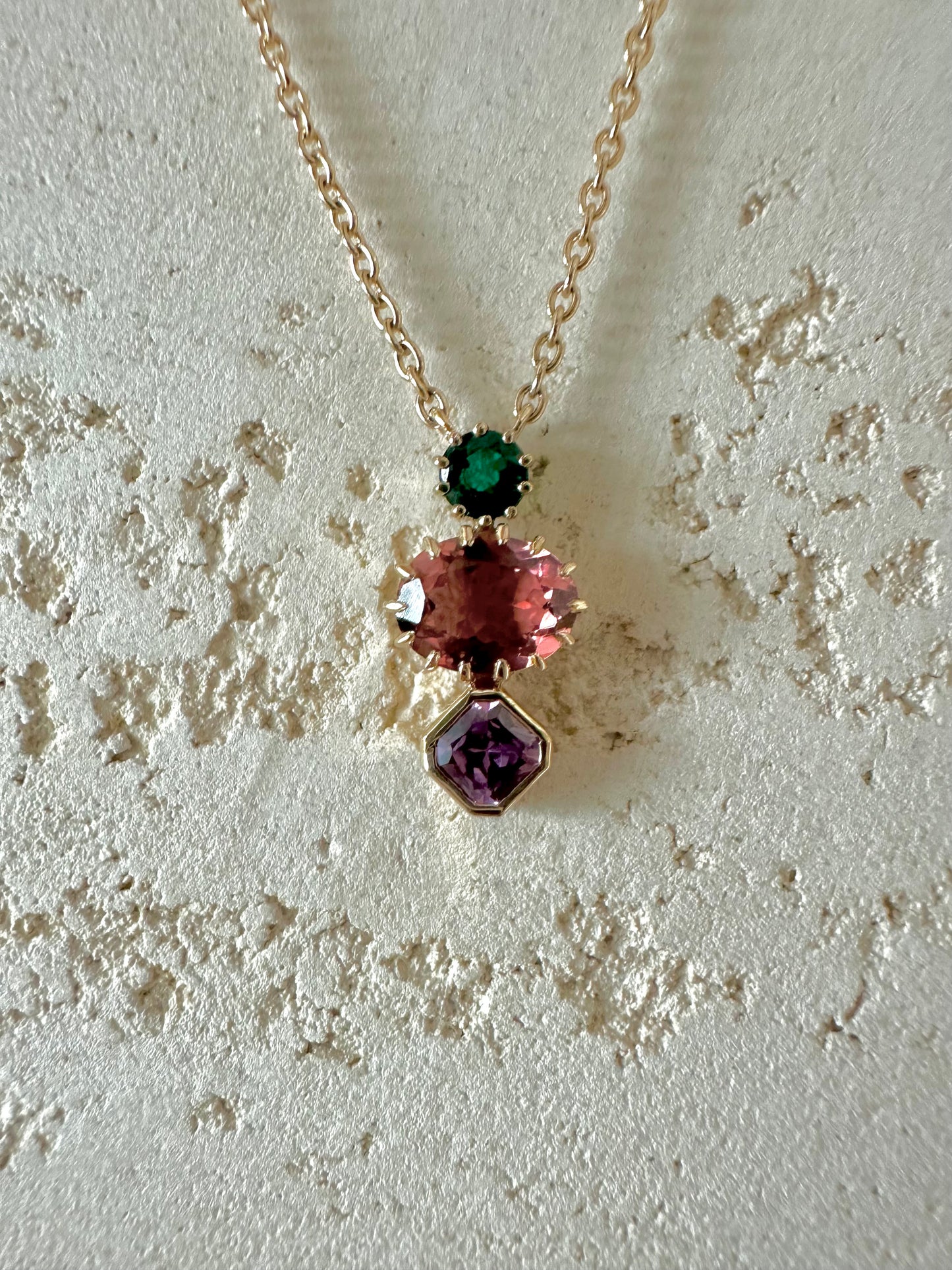 Multi Stone Necklace featuring: tourmaline, emerald, sapphire handcrafted in 18 karat gold | Ella Creations Jewelry