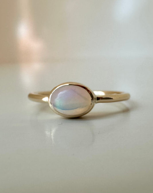 Opal gold ring, dainty with a thin band and a bezel set opal cabochon | Ella Creations Jewelry  