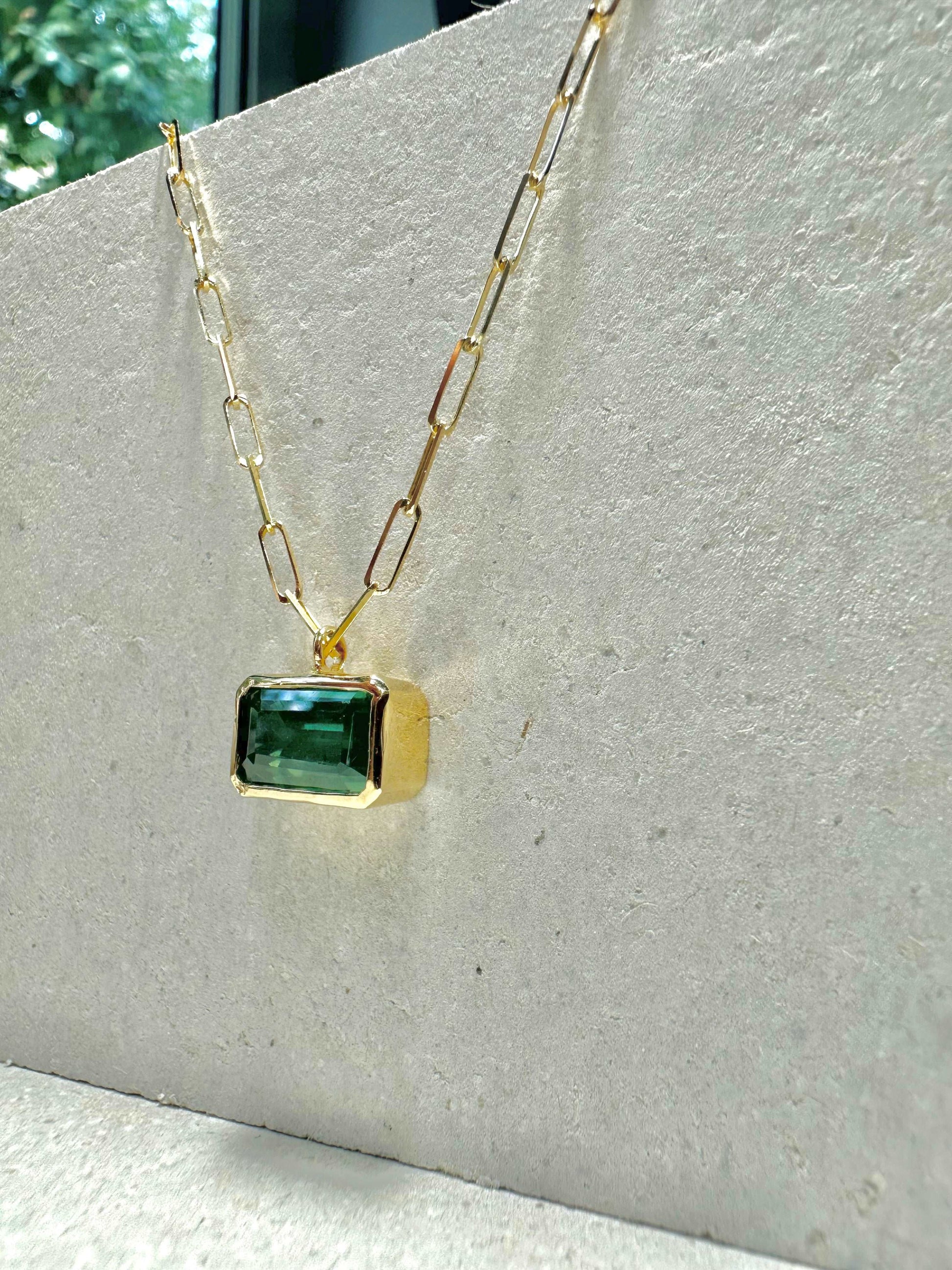 Paperclip gold necklace with Green zircon pendant necklace with paperclip 18k solid gold chain - Ella Creations Jewelry