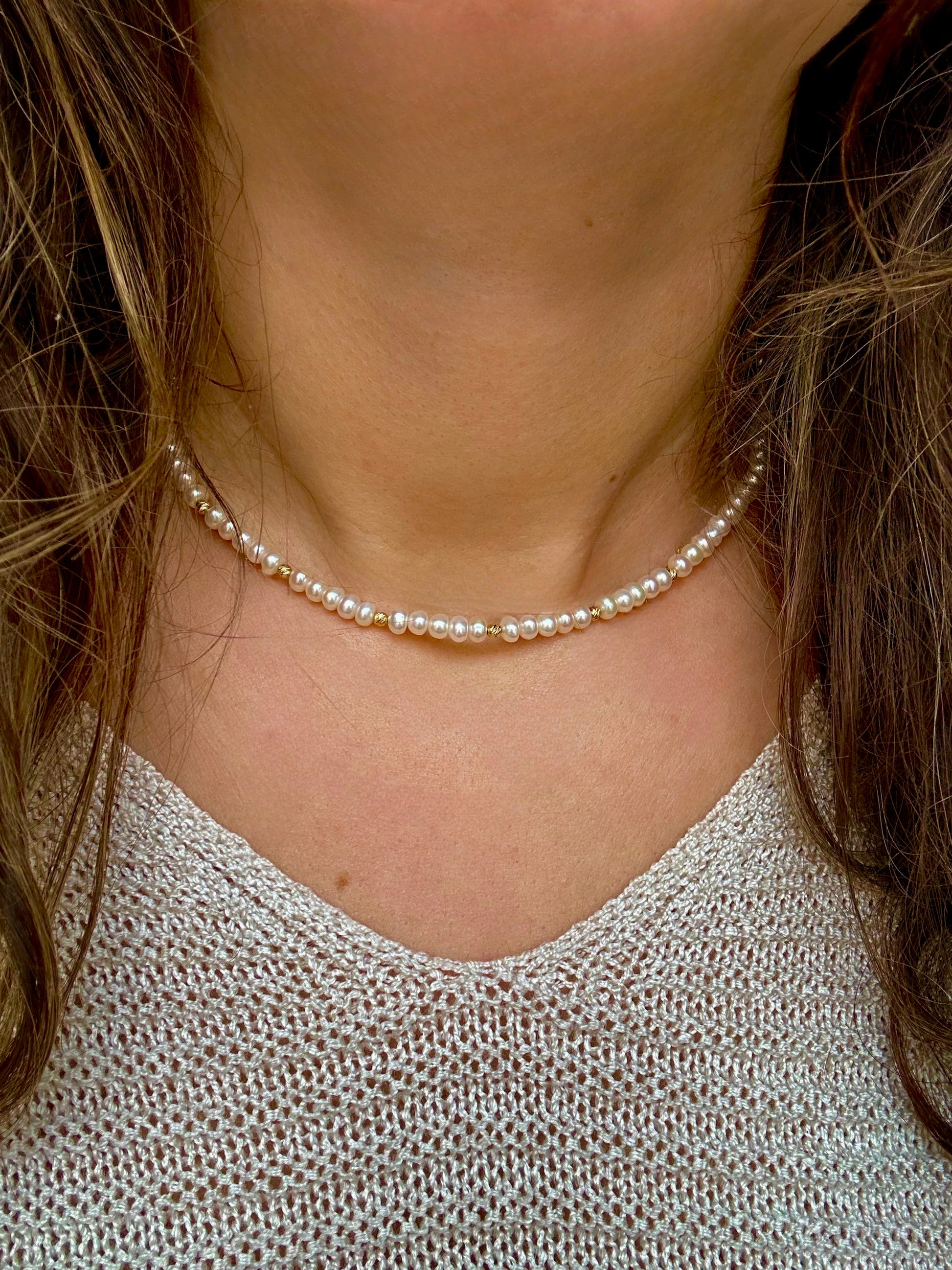 Pearl Choker with gold beads available in adjustable lengths | Ella Creations Jewelry