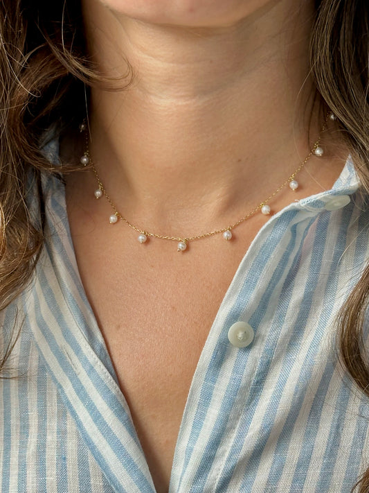 pearl station necklace with dangling pearls crafted in solid gold 18k | Ella Creations Jewelry