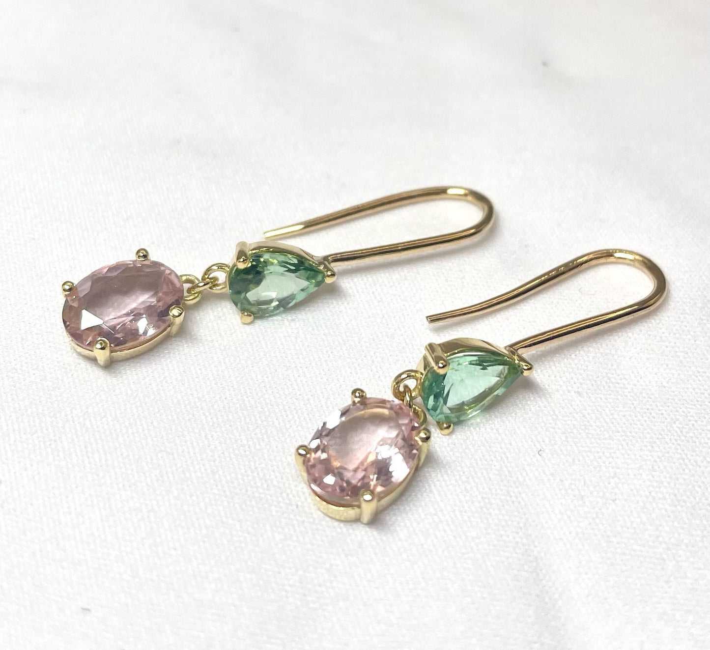 tourmaline earrings featuring Pink tourmaline in oval shape and great tourmaline in Pear shape handcrafted in 18k solid gold | Ella Creations Jewelry