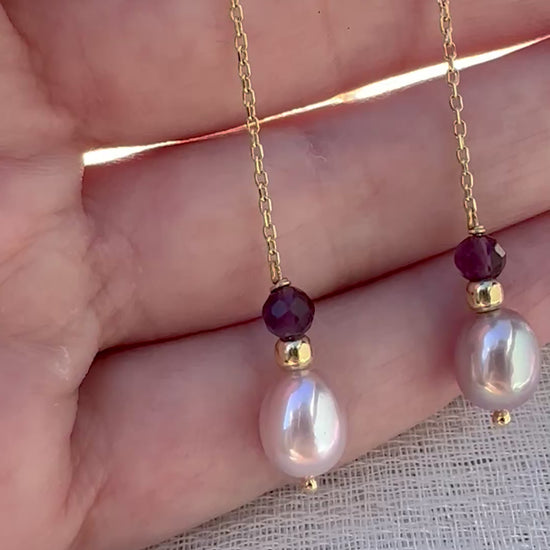 Threader Earrings handcrafted in 18 karat gold, featuring Pink pearls, a gold bead and a garnet bead, with a total length of 4.7" these earrings are perfect for a night  or an elegant casual look | Ella Creations Jewelry