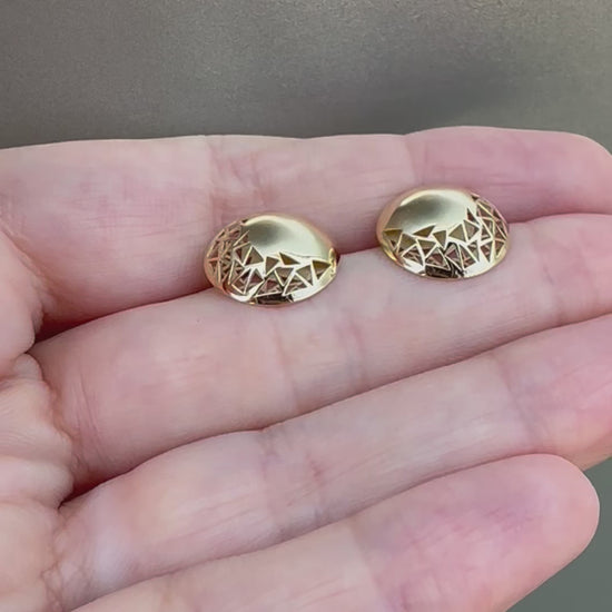 Button Earrings with geometric cutouts and flat back customizable in 18k yellow, rose gold and white golf | Ella Creations Jewelry