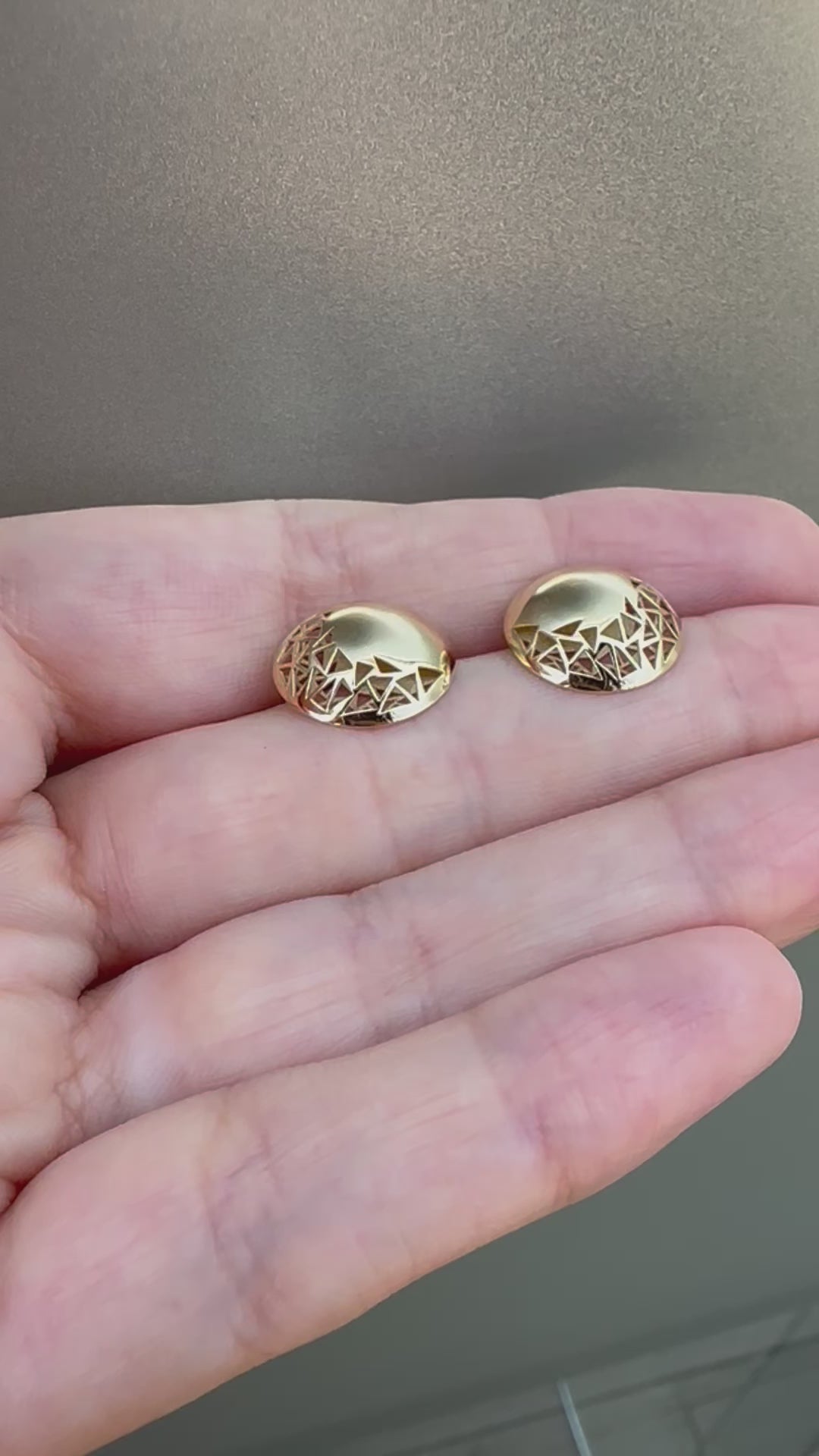 Button Earrings with geometric cutouts and flat back customizable in 18k yellow, rose gold and white golf | Ella Creations Jewelry