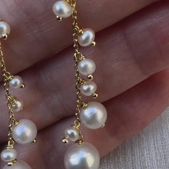 Cluster Pearl Earrings handcrafted in 18 karat gold featuring freshwater pearls in different sizes, perfect for a Bride Pearl Earrings | Ella Creations Jewelry