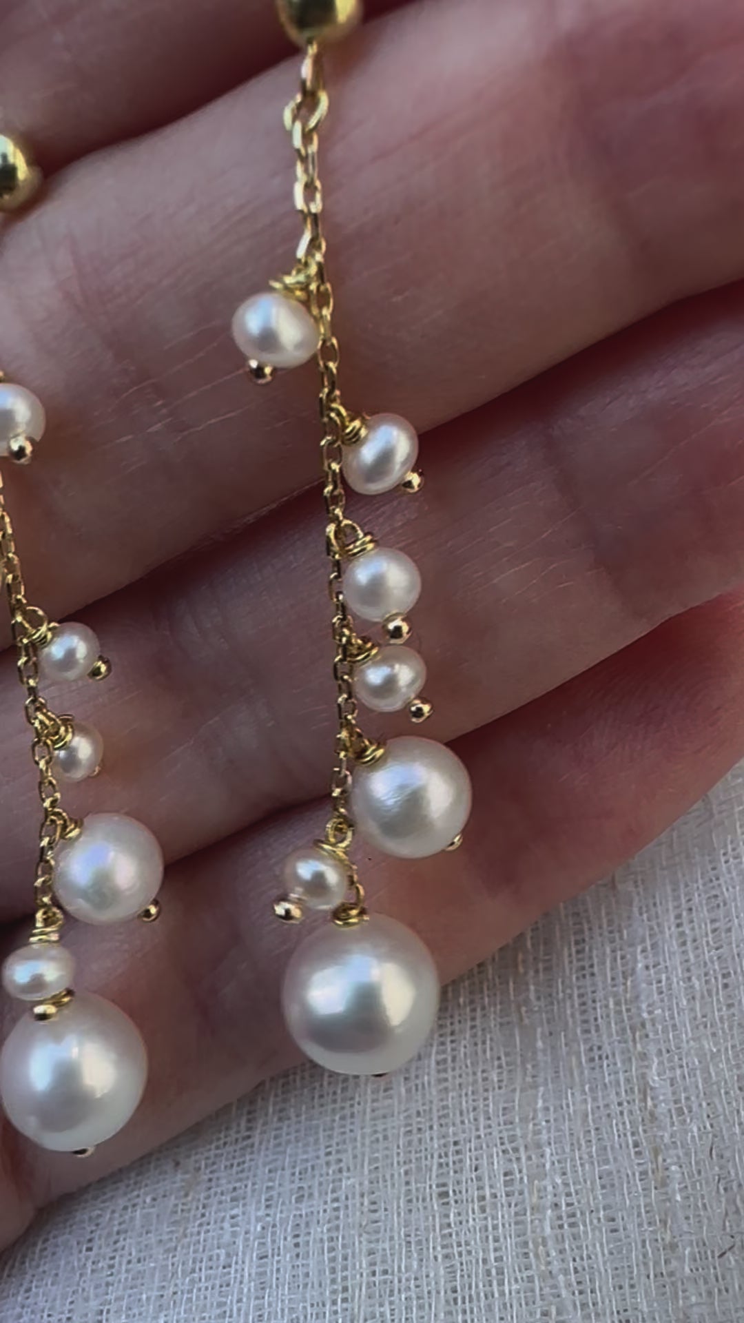 Cluster Pearl Earrings handcrafted in 18 karat gold featuring freshwater pearls in different sizes, perfect for a Bride Pearl Earrings | Ella Creations Jewelry