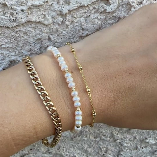 Bracelet stack featuring Freshwater Pearls Beaded bracelet, 18k Cuban Link Bracelet, 18k gold beads chain Bracelet | Ella Creations Jewelry