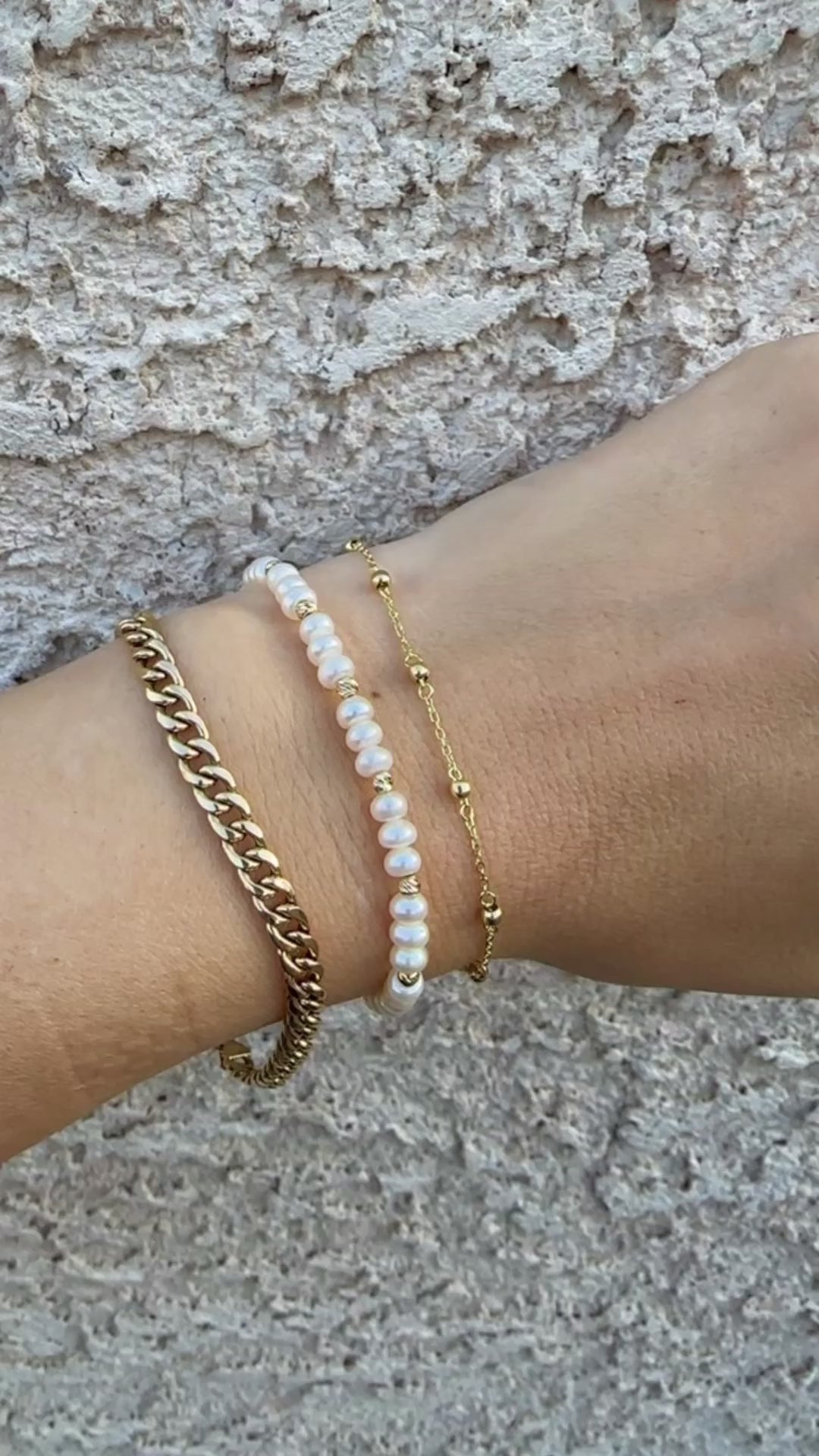 Bracelet stack featuring Freshwater Pearls Beaded bracelet, 18k Cuban Link Bracelet, 18k gold beads chain Bracelet | Ella Creations Jewelry