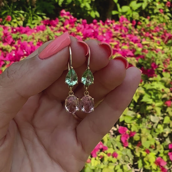 18k gold drop gemstone earrings, featuring a pear shape green tourmaline and an oval shape pink tourmaline leverback earrings | Ella Creations Jewelry