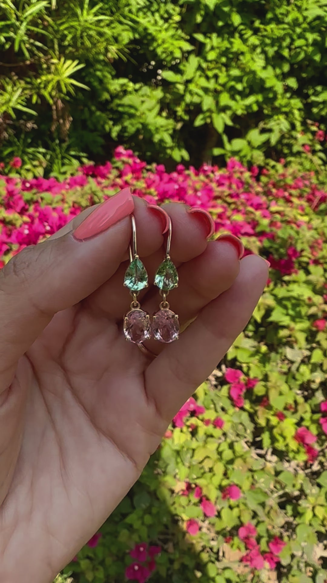 18k gold drop gemstone earrings, featuring a pear shape green tourmaline and an oval shape pink tourmaline leverback earrings | Ella Creations Jewelry