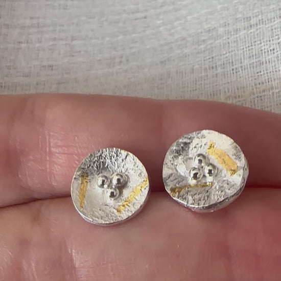 Round silver disc studs with gold foil handcrafted in recycled sterling silver | Ella creations jewelry