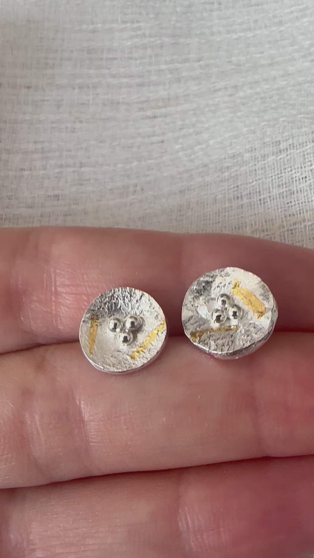 Round silver disc studs with gold foil handcrafted in recycled sterling silver | Ella creations jewelry