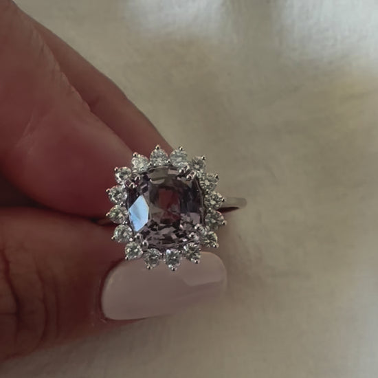 Spinel Ring with diamonds handcrafted in 18 karat white gold. Spinel is August birthstone | Ella creations jewelry