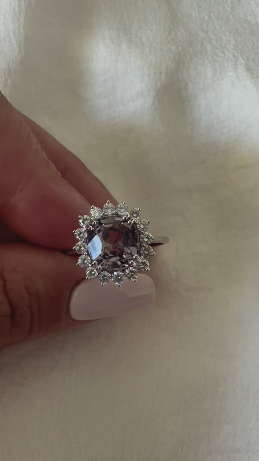 Spinel Ring with diamonds handcrafted in 18 karat white gold. Spinel is August birthstone | Ella creations jewelry