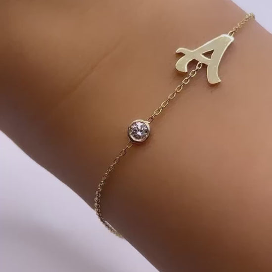 Custom made Initial bracelet with diamond on the side hand crafted in 18k solid gold perfect for gifting | Ella Creations Jewelry