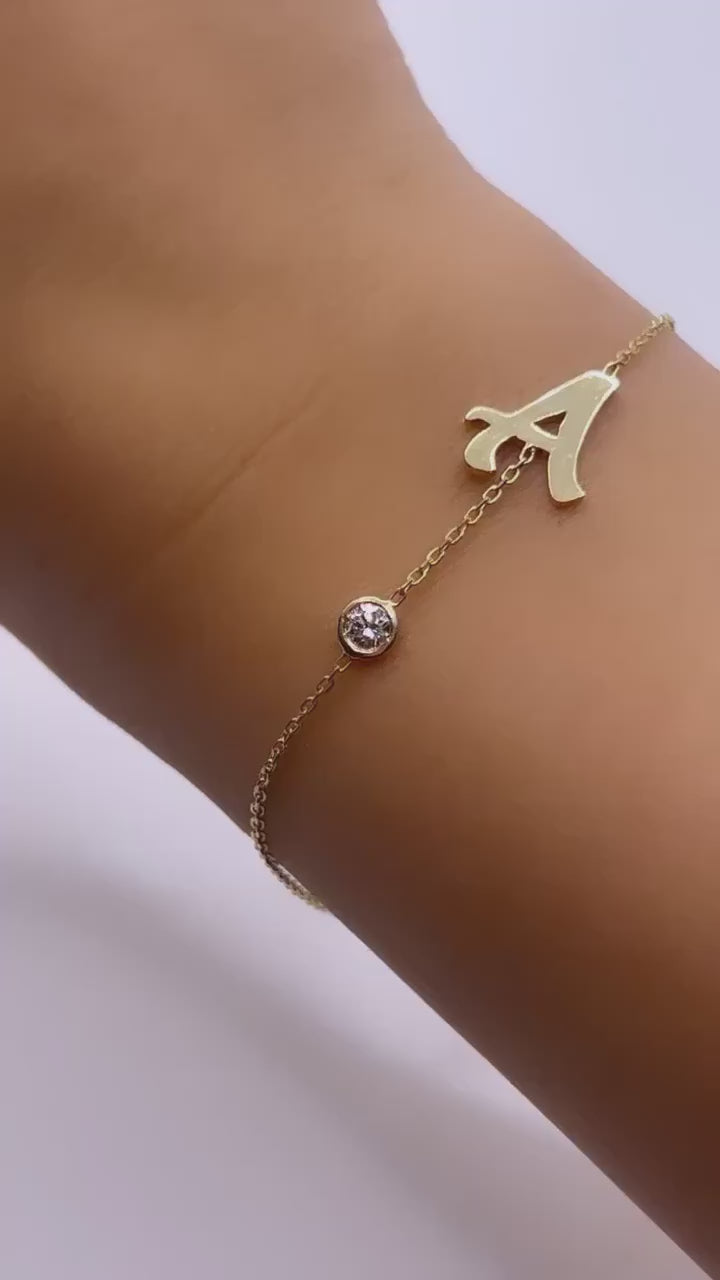 Custom made Initial bracelet with diamond on the side hand crafted in 18k solid gold perfect for gifting | Ella Creations Jewelry