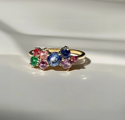 Rainbow Sapphire Ring features a stunning natural multicolor sapphires in a cluster ring design. The various Sapphires, of different sizes and colors, along with one natural emerald, are placed randomly to form this beautiful rainbow ring.
This ring is set in a timeless classic 18 karat gold, featuring a dainty band. | Ella Creations Jewelry 