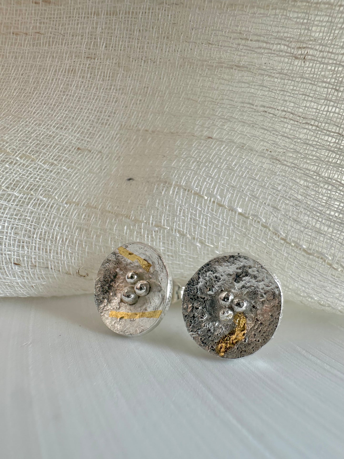 Round earrings in concave shape with gold foil elements | Ella Creations Jewelry