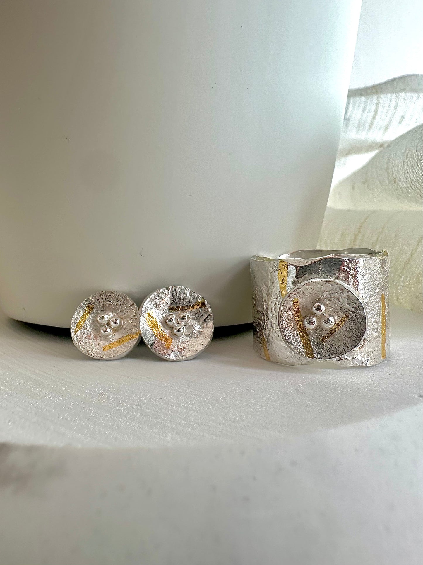 Round silver disc studs with gold foil handcrafted in recycled sterling silver | Ella creations jewelry