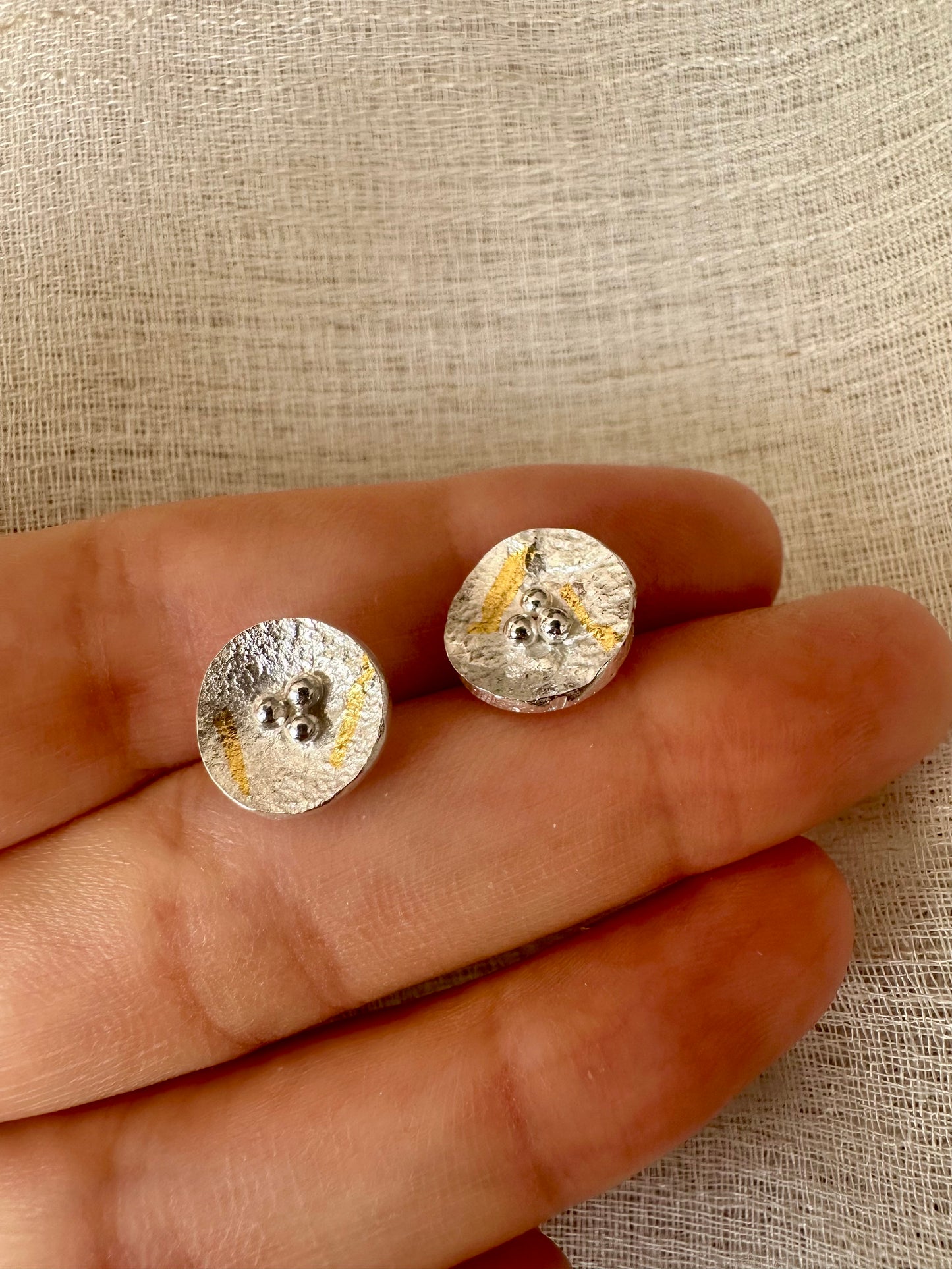 Round silver disc studs with gold foil handcrafted in recycled sterling silver | Ella creations jewelry