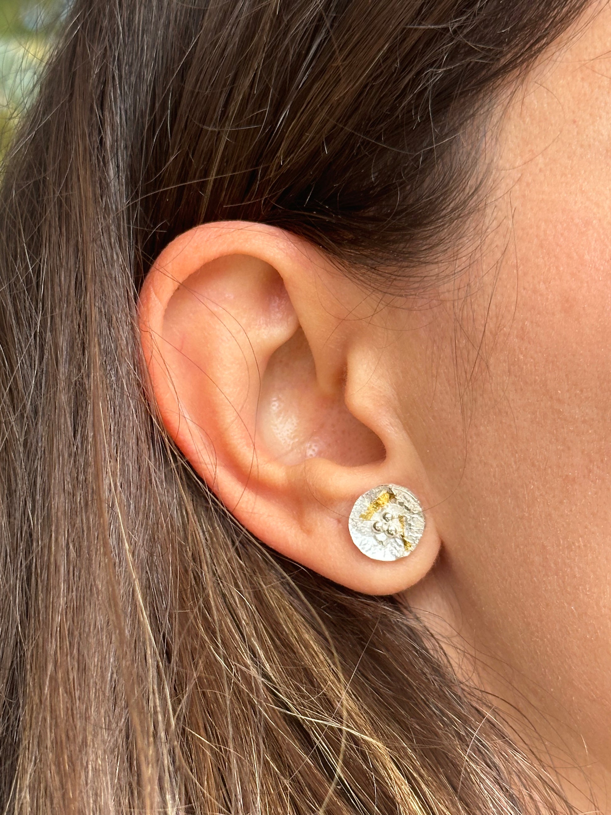 Round silver disc studs with gold foil handcrafted in recycled sterling silver | Ella creations jewelry