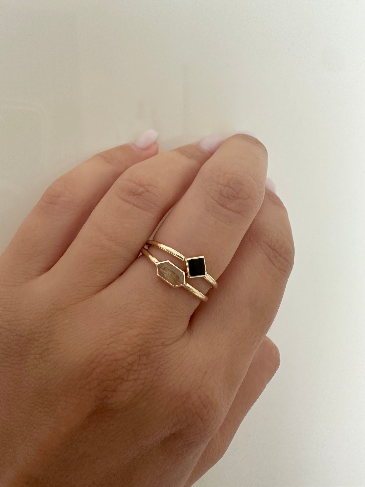 Elegant and dainty Rhombus rings,  Handcrafted in 18k solid yellow gold, each features a thin band ring with a unique Rhombus bezel setting that showcases Black Onyx stone | Ella Creations Jewelry