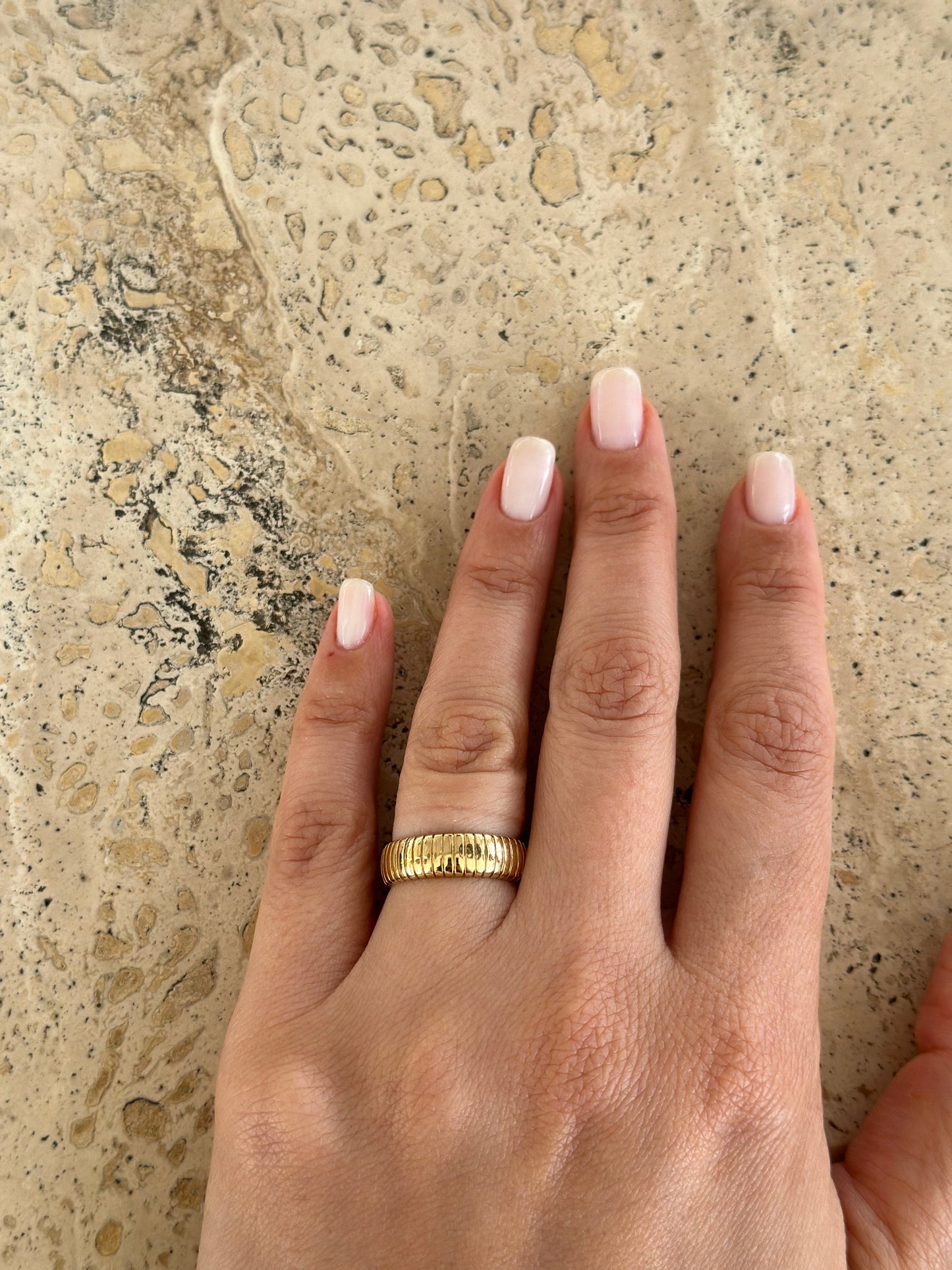 Wide Gold Ring with a ribbed surface texture, wear it as chunky wedding band or a standalone chunky ring, handcrafted in 18k solid gold | Ella Creations Jewelry