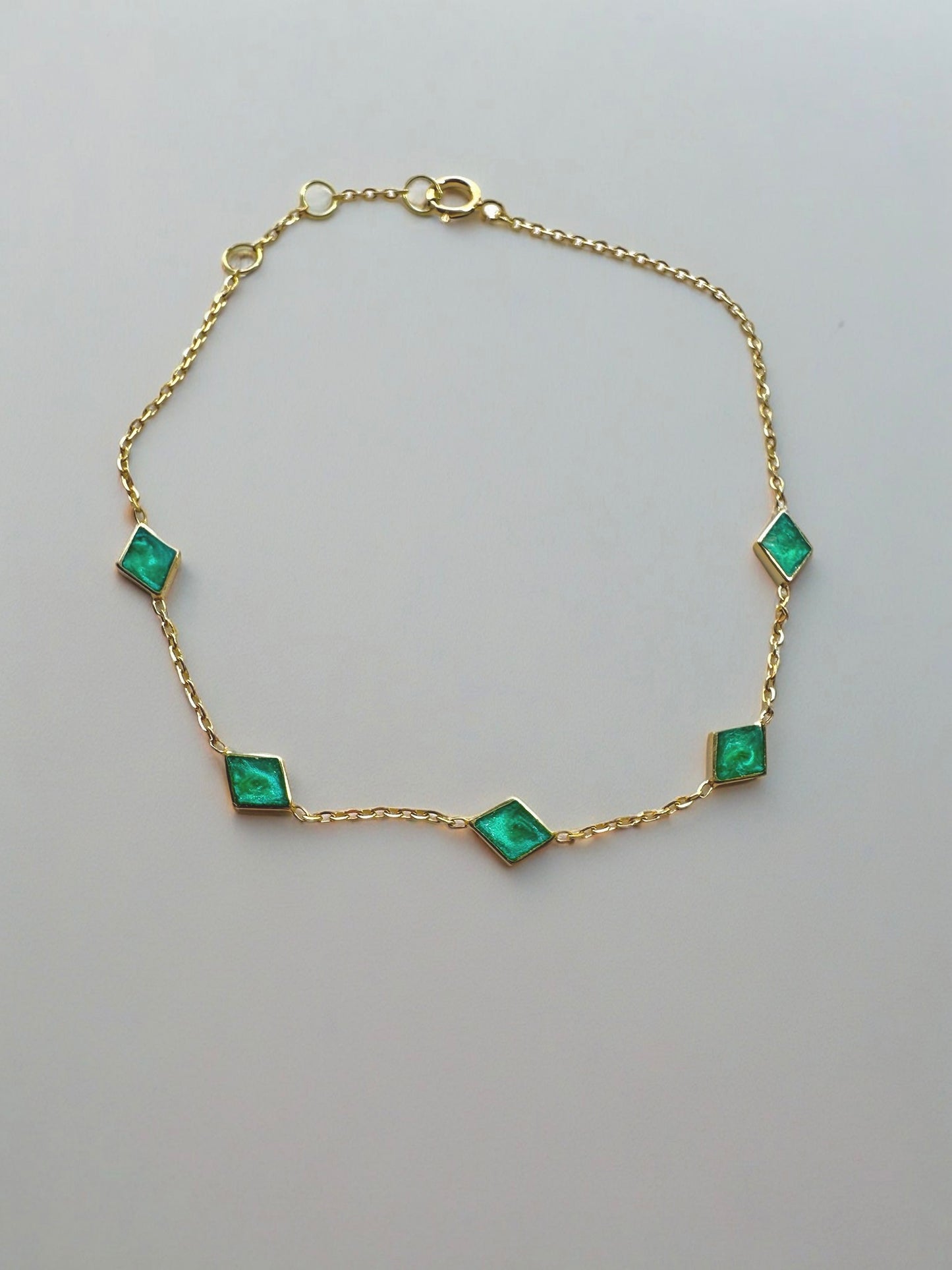 Thin Gold Bracelet perfect for everyday wear and to stack with other bracelets. This bracelet features Rhombus motives with green malachite enamel finish | Ella Creations jewelry  