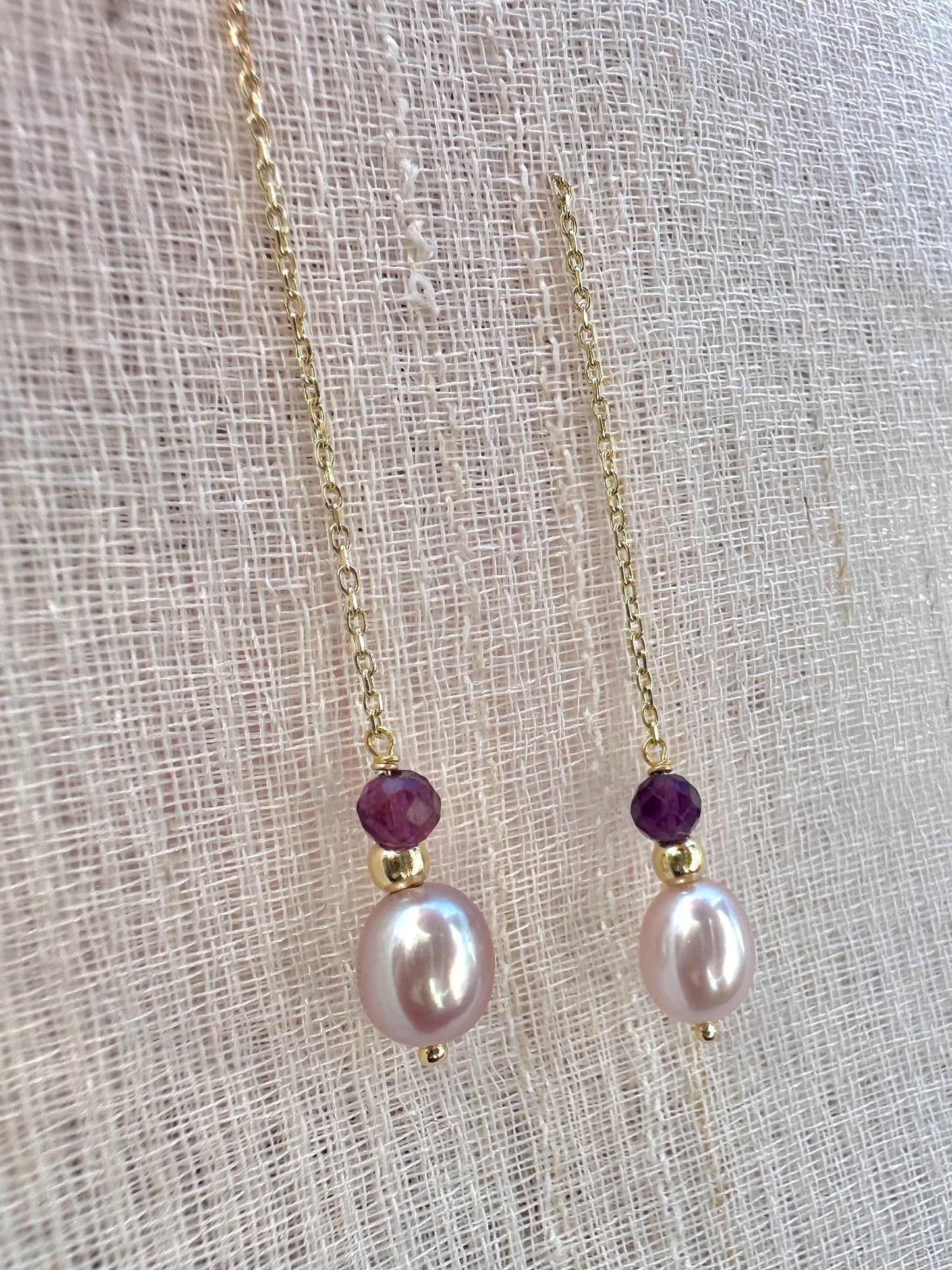 Threader Earrings handcrafted in 18 karat gold, featuring Pink pearls, a gold bead and a garnet bead, with a total length of 4.7" these earrings are perfect for a night  or an elegant casual look | Ella Creations Jewelry