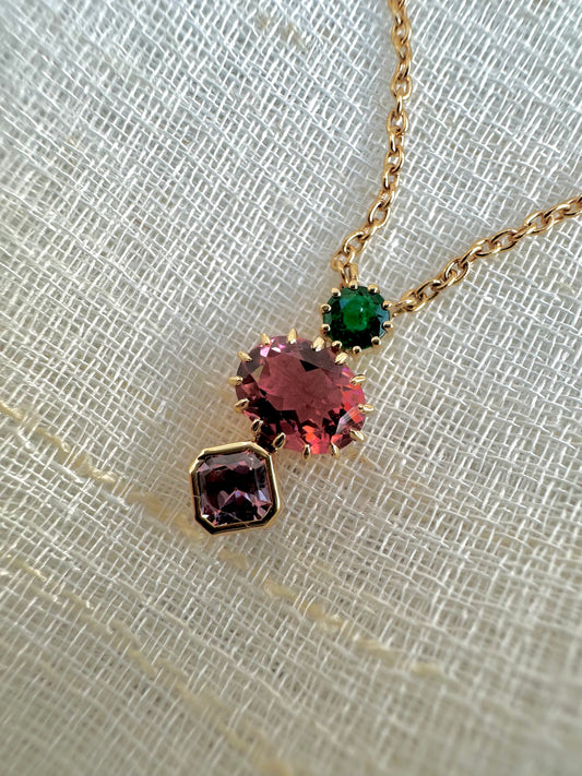 Three Stones necklace featuring Tourmaline sapphire and emerald handcrafted in 18k Yellow gold | Ella Creations Jewelry