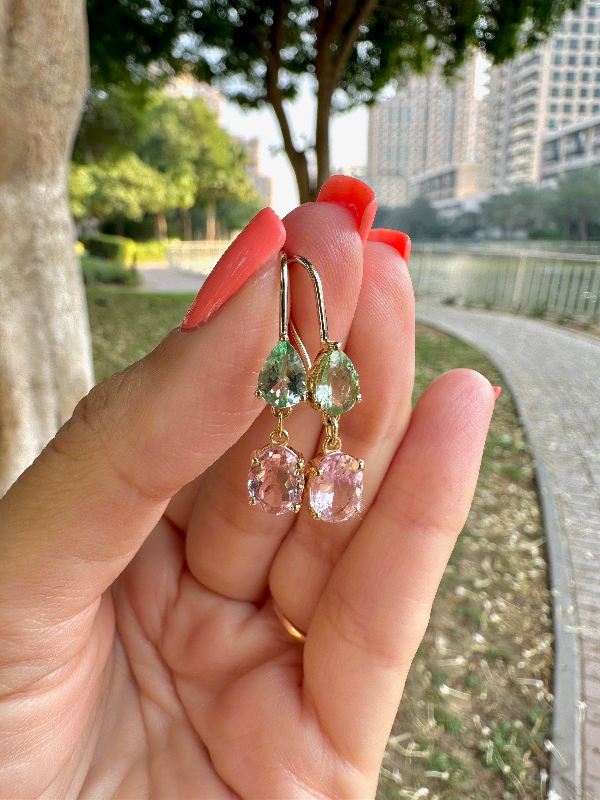 tourmaline earrings featuring Pink tourmaline in oval shape and great tourmaline in Pear shape handcrafted in 18k solid gold | Ella Creations Jewelry