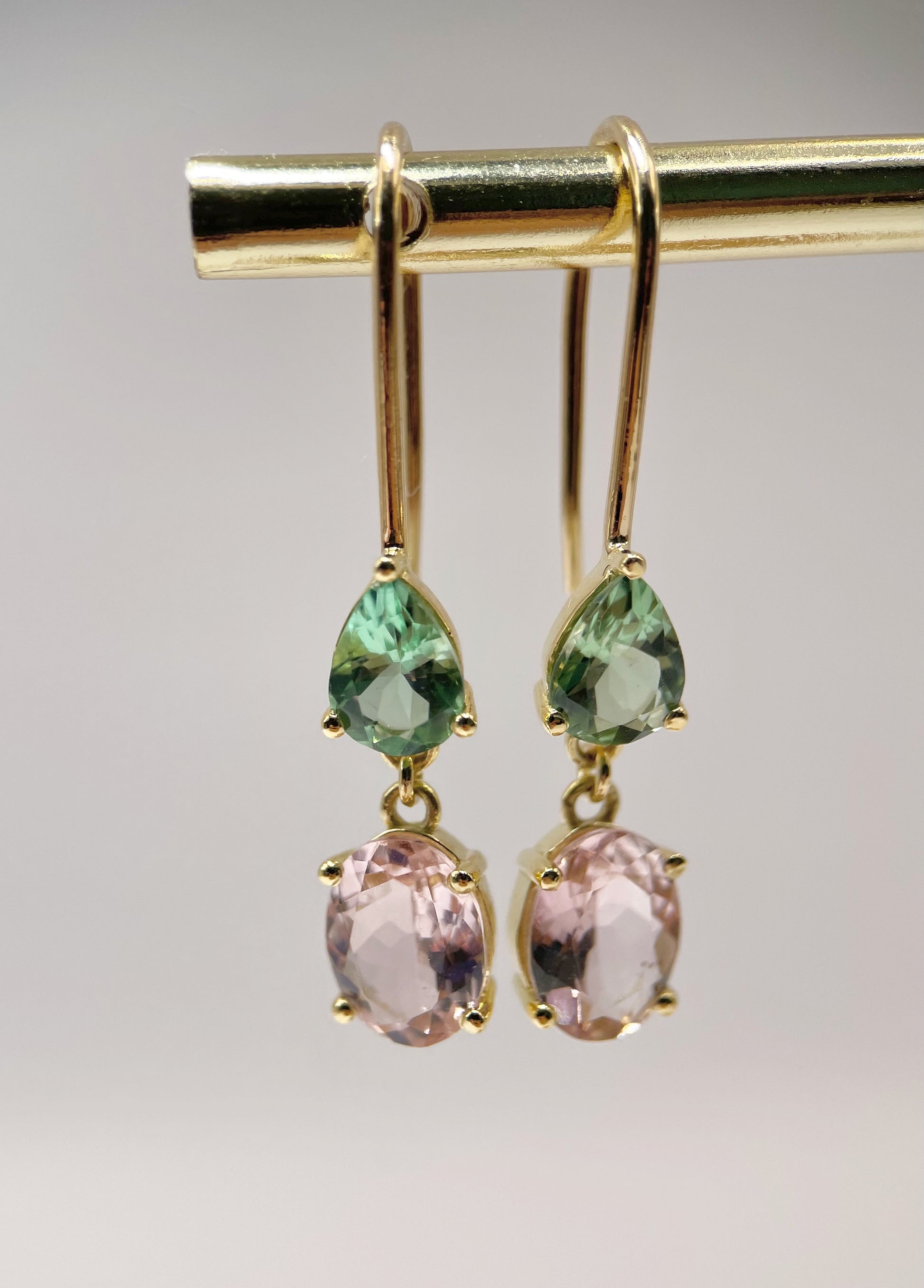 tourmaline earrings featuring Pink tourmaline in oval shape and great tourmaline in Pear shape handcrafted in 18k solid gold | Ella Creations Jewelry