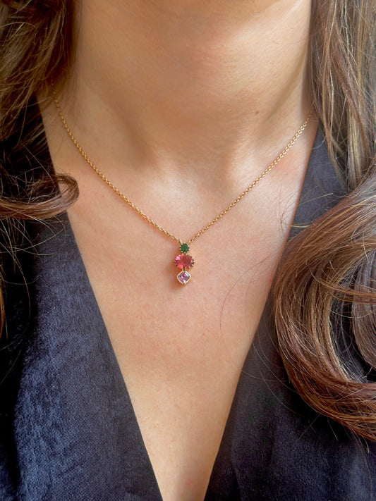 18k solid gold tourmaline necklace with cluster gemstone pendant featuring a round emerald, oval tourmaline and a purple sapphire pendant | Ella Creations Jewelry