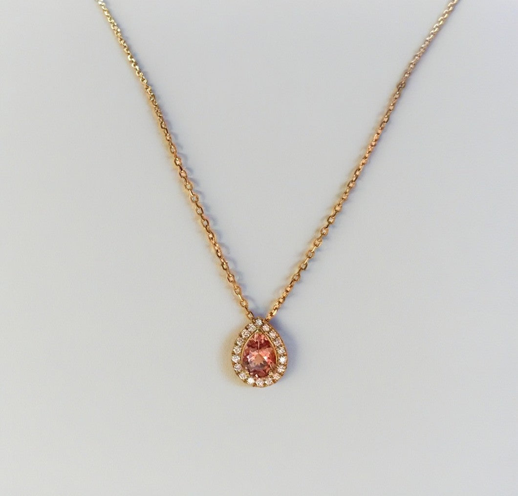 Peach tourmaline 18k rose gold necklace with halo set diamonds | Ella Creations Jewelry