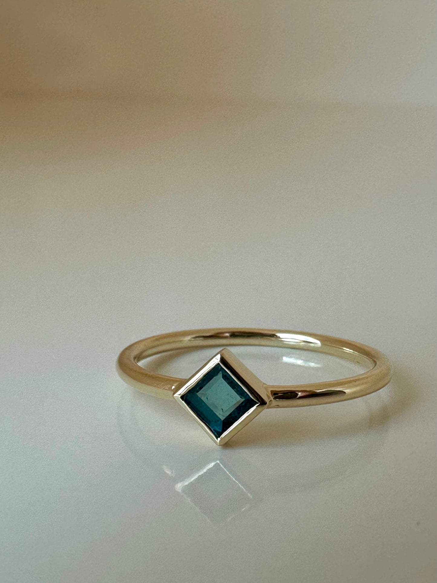 Elegant and dainty Rhombus rings,  Handcrafted in 18k solid yellow gold, each features a thin band ring with a unique Rhombus bezel setting that showcases tourmaline stone | Ella Creations Jewelry