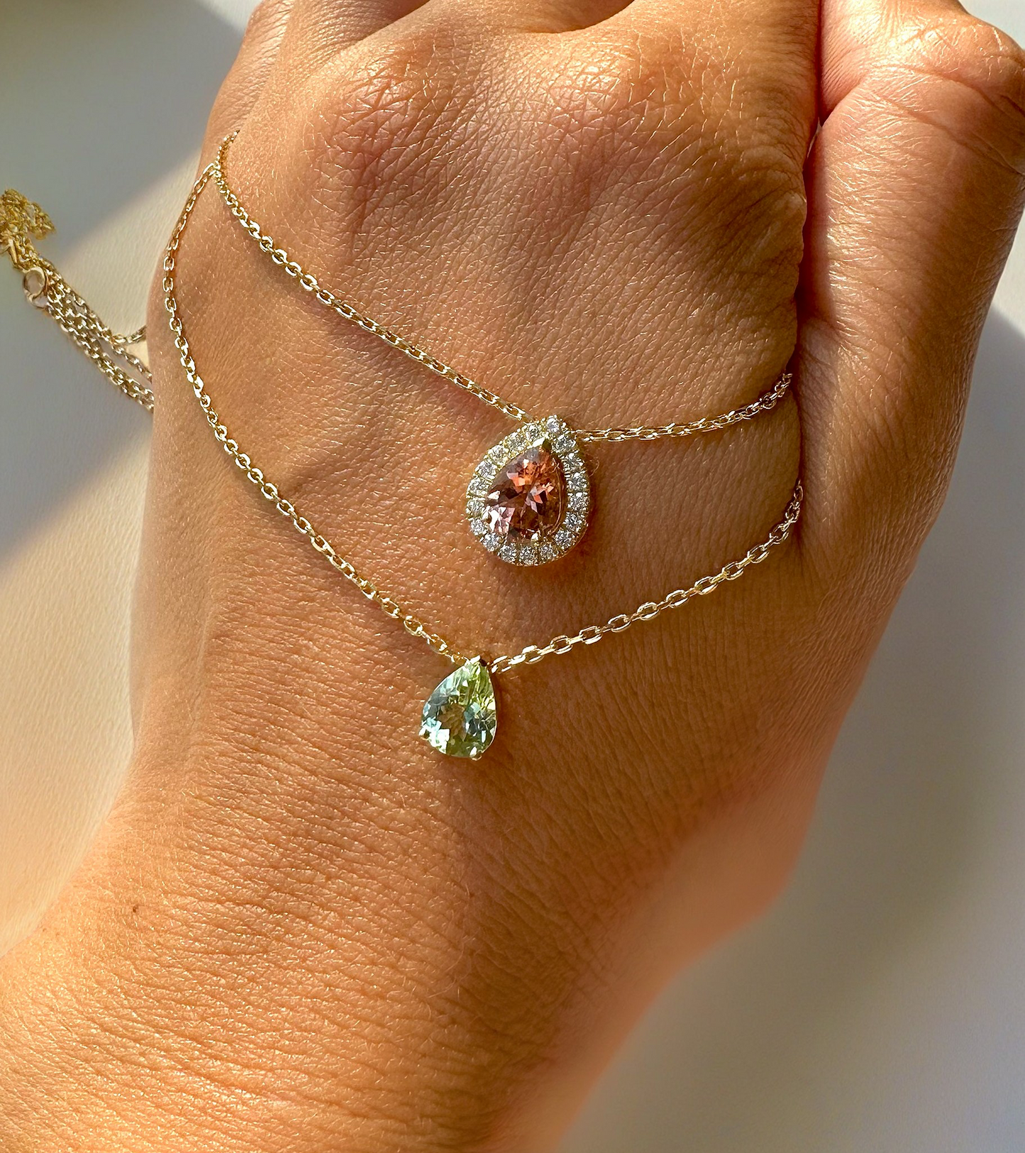 Peach tourmaline 18k rose gold necklace with halo set diamonds | Ella Creations Jewelry